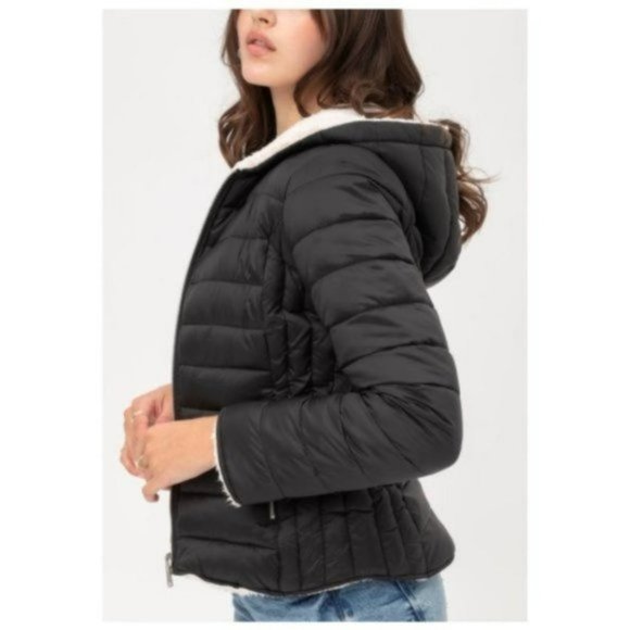 🆕 Reversible Puffer Coat - Faux Sherpa Fleece Hooded Puffer Jacket - Picture 2 of 3
